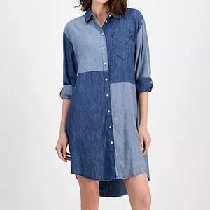 Tommy Hilfiger Chambray Patchwork Shirtdress Dress Womens Size M Long Sleeve